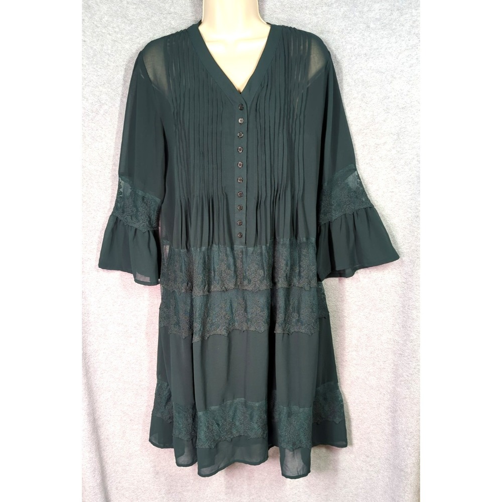 Chiffon Lace Midi Dress L Under Slip Forest Green Bishop Sleeves Woodland Fairy